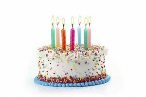 AI generated Colourful birthday cake with candles isolated on white background. AI Generated photo