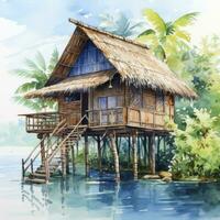 AI generated A watercolored bright serene image of a traditional bahay kubo. AI Generated photo