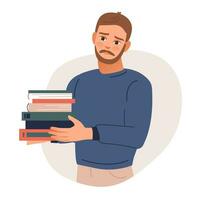 The student is holding a stack of books. Bookcrossing concept. Flat vector illustration.