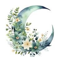 AI generated Watercolor floral Moon with greenery on a white background. AI Generated photo