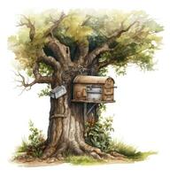 AI generated Watercolor mailbox in a tree on a white background. AI Generated photo