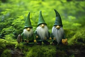 AI generated Toy Irish gnomes in a mystery forest, abstract green natural background. Generative AI photo