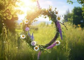 AI generated Rustic wildflowers wreath on a sunny meadow. Summer Solstice Day, Midsummer concept. Generative AI photo