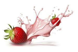 AI generated milk or yogurt splash with strawberries isolated on white background, 3d rendering. AI Generated photo