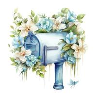 AI generated Watercolor light blue floral mailbox on a white background. AI Generated photo