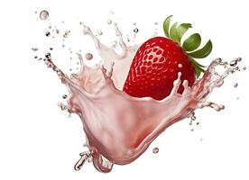 AI generated milk or yogurt splash with strawberries isolated on white background, 3d rendering. AI Generated photo