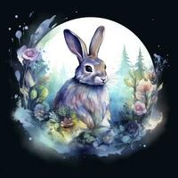 AI generated Watercolor Rabbit and Glowing Moon for T-shirt Design. AI Generated photo