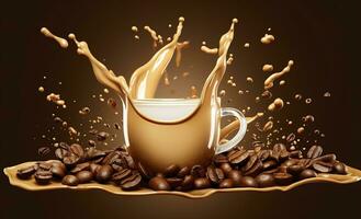 AI generated hot liquid coffee splash with Coffee Bean falling, 3d illustration. AI Generated photo