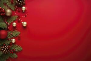 AI generated Christmas or New Year red background with fir decor. AI Generated photo