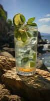 AI generated Stunning photo of cocktail mojito, a sunny summer beach in the background. Generative AI