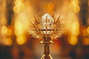 AI generated The golden monstrance with a little transparent crystal center, consecrated host. church defocused background. AI Generative photo