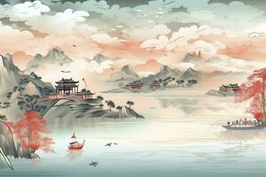 AI generated Chinese landscape map, distant mountains, clear rivers, ancient buildings, ships, birds, clouds and mist, brilliant light, AI Generative photo