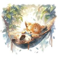 AI generated A sleepy baby leopard in a hammock. watercolor illustration. AI Generated photo