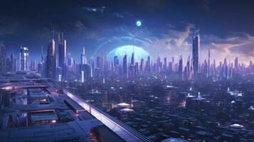 AI generated A futuristic, cyberpunk inspired cityscape at night. AI Generated photo