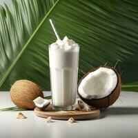 AI generated Coconut milk shake glass with fresh sliced coconut. Generative AI photo