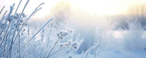 AI generated Frozen snowy grass, winter natural abstract background. beautiful winter landscape. AI Generated photo