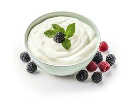 AI generated Green bowl of greek yogurt and fresh berries isolated on white background. AI Generated photo