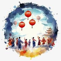 AI generated Lantern Festival in watercolor style. T-shirt Design. AI Generated photo