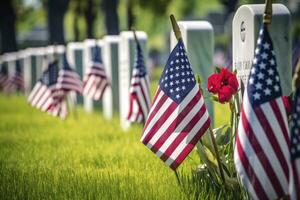 AI generated Military Headstones and Gravestones Decorated With Flags for Memorial Day.  AI Generated photo