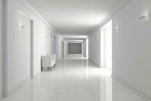 AI generated Interior design of a modern luxurious white building corridor or hallway with waiting seat. AI Generated photo