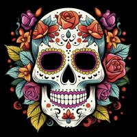 AI generated Mexican roses skull. Mexican roses skull. Dia de los muertos shugar colorful head. AI Generated photo