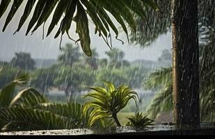 ai generado lluvia en el zona tropical durante el bajo temporada o monzón estación. gotas de lluvia en un jardín. generativo ai foto