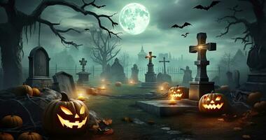 AI generated Pumpkins In Graveyard In The Spooky Night, Halloween Backdrop. Generative AI photo