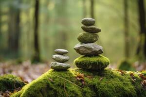 AI generated Pyramid stones balance on old mossy fallen tree. AI Generated photo