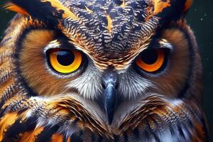 AI generated Owl headshot with closeup of face. Generative AI photo