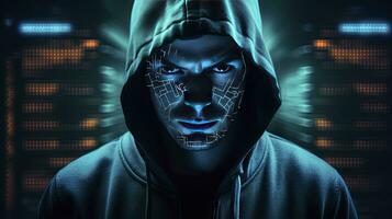 AI generated Binary Intrigue. Anonymous robotic hacker. Concept of hacking. AI Generated photo