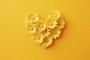 AI generated Yellow Heart Shaped By Yellow Daisies Over Yellow Background. AI Generated photo