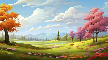 AI generated Spring season with colorful flowers and trees in a pretty meadow or field. AI Generated. photo