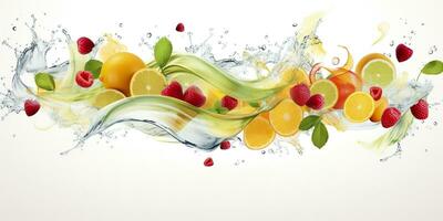 AI generated Swirl water splash with fruits. liquid flow with ice cubes and a mix of fresh fruits. Generative AI photo