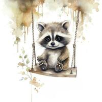 AI generated Cute baby raccoon in watercolour style, sitting on swings attached to the tree. AI Generated photo