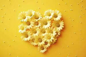 AI generated Yellow Heart Shaped By Yellow Daisies Over Yellow Background. AI Generated photo