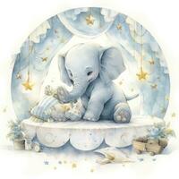 AI generated An elephant on a bed with stars and blankets around the circle. AI Generated photo