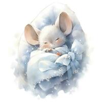 AI generated A sleepy baby mouse in a bedding, watercolor illustration.  AI Generated photo