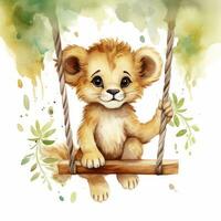 AI generated Cute happy baby lion on swings attached to the tree in watercolor style. AI Generated photo