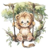 AI generated Cute and happy baby lion on swings on the tree in watercolor style. AI Generated photo