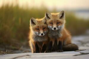 AI generated Wild baby red foxes cuddling at the beach. Generative AI photo