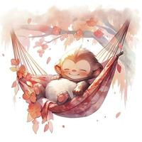 AI generated A sleepy baby monkey in a hammock. watercolor illustration. AI Generated photo