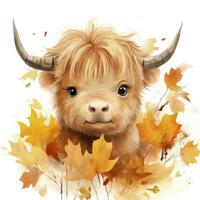 AI generated Happy cute baby highland cow in autumn leaves in the watercolor style. AI Generated photo