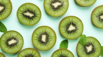 AI generated Slices of kiwi fruit and green mint leaves on a light pastel blue background. AI Generated photo