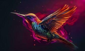 AI generated hummingbird logo with multiple colors flying through the air.  AI Generated photo