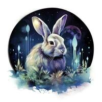 AI generated Watercolor Rabbit and Glowing Moon for T-shirt Design. AI Generated photo