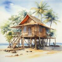 AI generated A watercolored bright serene image of a traditional bahay kubo. AI Generated photo