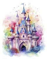 AI generated Colorful watercolor kawaii castle isolated on white background. AI Generated photo