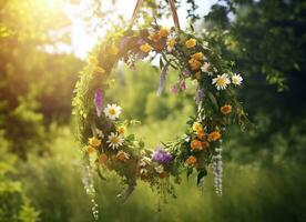 ai generado rústico flores silvestres guirnalda en un soleado prado. verano solsticio día, pleno verano concepto. generativo ai foto