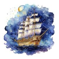 AI generated Night sea ship watercolor style for T-shirt design. AI Generated photo