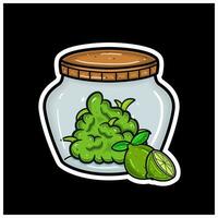 Lime Fruit Flavor With Cartoon Mascot of Weed Bud On Jar. For Sticker and label. vector